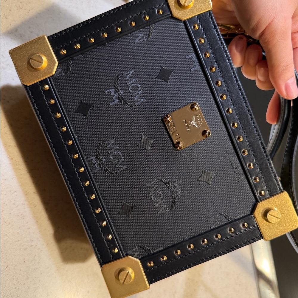 MCM Black Logo Trunk Crossbody with Gold Hardware